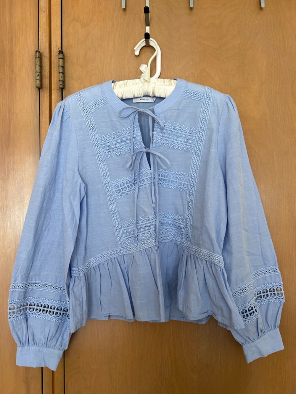 Reserved Light Blue Lace-Trim Peasant Blouse